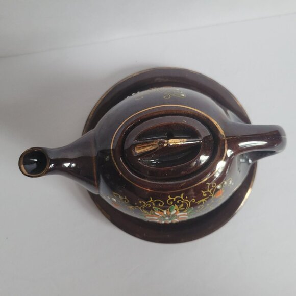 Vintage Brown Ceramic Teapot With Lid & Saucer Hand-Painted Floral & Butterfly D - Picture 3 of 11